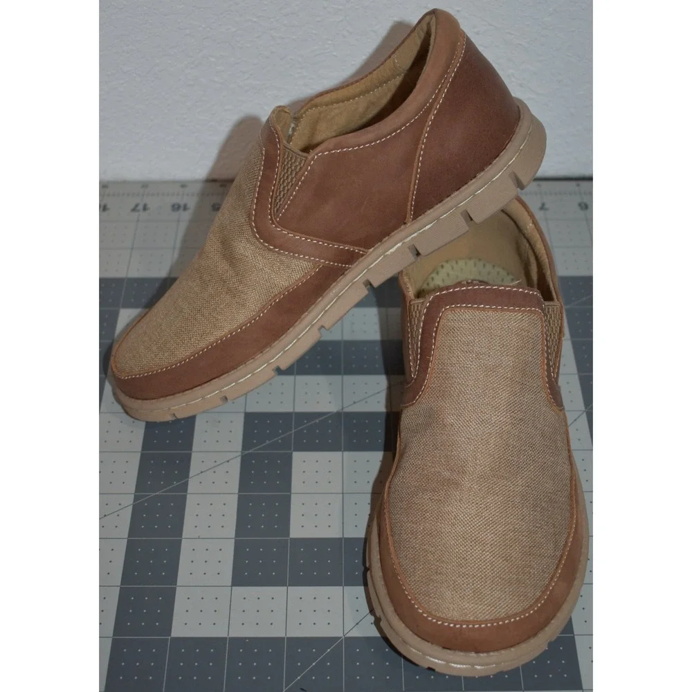 Born Sawyer Textile Tan Leather Slip On Loafers Kids Boys Size 4 PM-701-S
